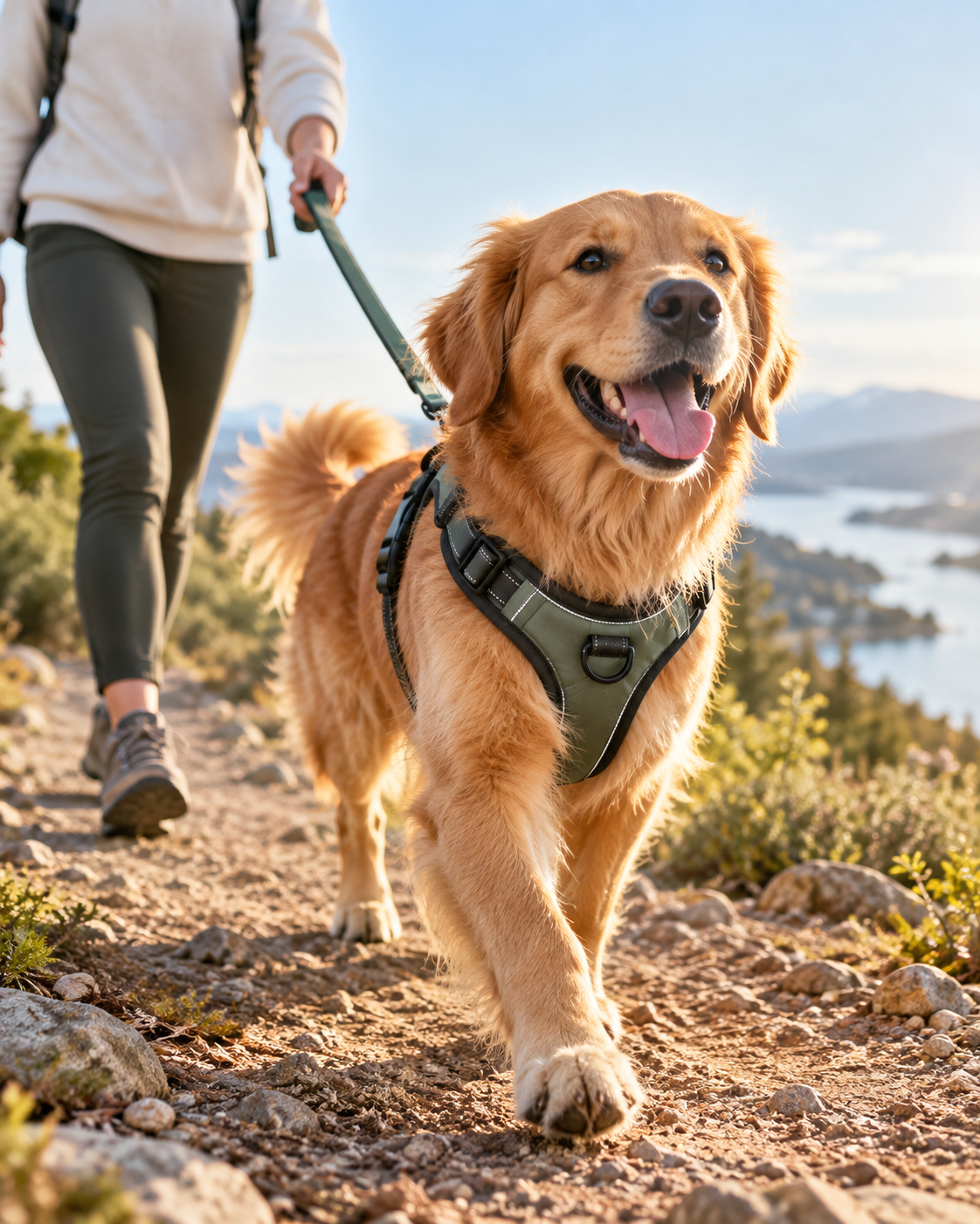 Perro usando arnés en una caminata al aire libre