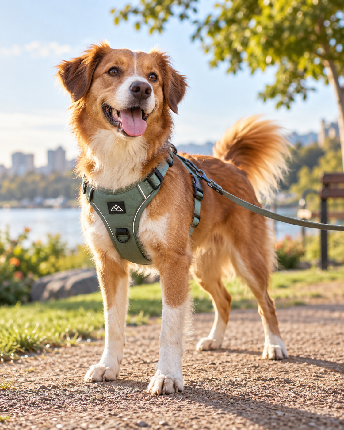 Perro feliz usando arnés en un parque